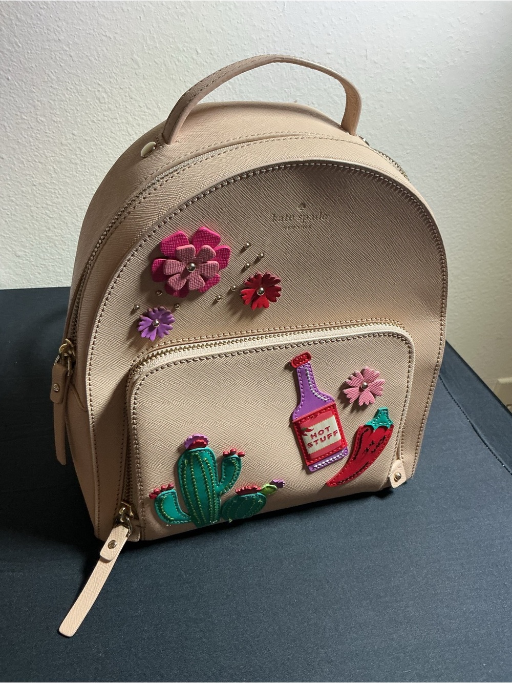 kate spade Nude Pink Leather Mini Backpack with Floral & Patch Details